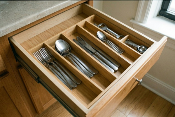 Gaveta de cozinha organizada com divisórias de madeira, potes de vidro com mantimentos e panos de prato dobrados.