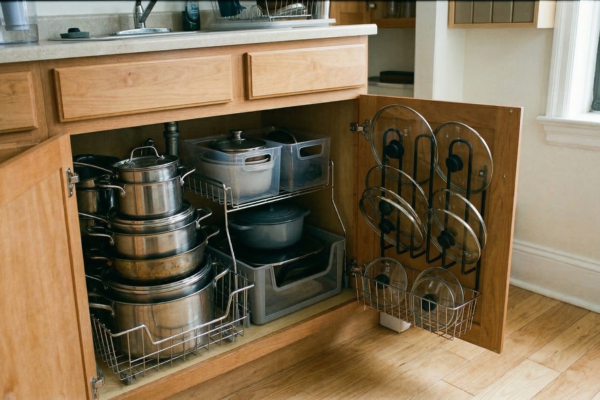 Gaveta de cozinha organizada com suportes específicos para xícaras, tigelas e copos