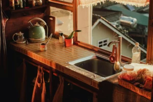 Bancada de cozinha organizada com cafeteira branca, bandeja de madeira e pequeno vaso de planta, demonstrando a manutenção rápida e eficiente do espaço.