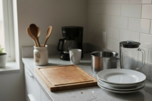 cozinha pequena organizada com poucos itens na bancada e espaço livre para preparo no dia a dia
