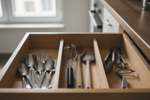 cozinha pequena com organização simples e prática mostrando utensílios acessíveis e bancada funcional no dia a dia