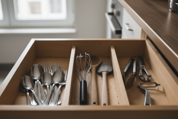 cozinha pequena com organização simples e prática mostrando utensílios acessíveis e bancada funcional no dia a dia
